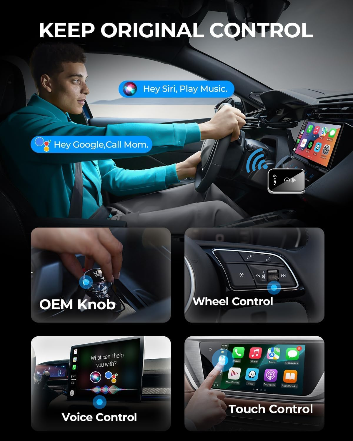 Airzy Wireless CarPlay & Android Auto Adapter – Seamless Plug & Play | Lag-Free | Dual Compatibility