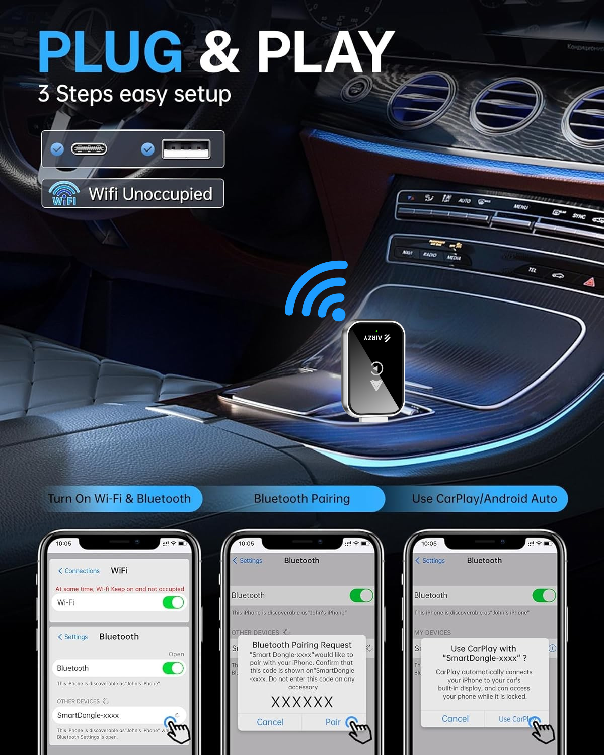 Airzy Wireless CarPlay & Android Auto Adapter – Seamless Plug & Play | Lag-Free | Dual Compatibility